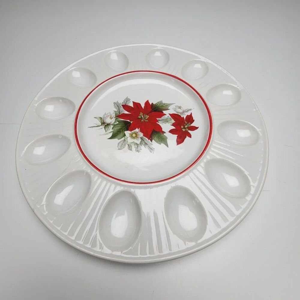 Vintage Treasure Craft Ceramic Deviled Egg Platter Christmas Poinsettia Plate